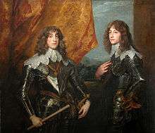 The picture consists of Charles Louis on the left and Rupert on the right, both in dark armour, stood against an open window with a billowing curtain.