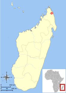 Map of Madagascar off the African coast, showing a highlighted range (in red) as a small area in the northeast corner of the island.