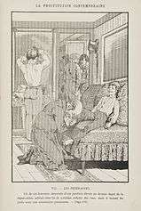 Molly-houses were often considered as brothels in legal proceedings.[1]  This picture shows a male brothel, illustration by Léon Choubrac (known also as Hope), included in Léo Taxil's book La prostitution contemporaine, 1884, pg. 384, Plate VII.