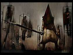 A screenshot of a painting featured in a video game; a pale-skinned, spear-wielding, and muscular monster with a bloodstained, and rusty, triangular head stands in the center, surrounded by caged humanoids.