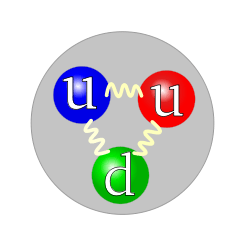 Three colored balls (symbolizing quarks) connected pairwise by springs (symbolizing gluons), all inside a gray circle (symbolizing a proton). The colors of the balls are red, green, and blue, to parallel each quark's color charge. The red and blue balls are labeled "u" (for "up" quark) and the green one is labeled "d" (for "down" quark).