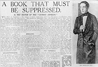 Reproduction of a London newspaper, headline reading "A Book That Must Be Suppressed" and Radclyffe Hall's portrait: a woman wearing a suit jacket and bow tie with a black matching skirt. Her hair is slicked back, she wears no make-up, in one hand is a cigarette and her other hand is in her skirt pocket