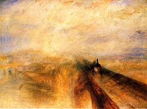 An impressionistic painting which is generally orange but with some purple in the sky. Two strong lines emerge from the centre and disappear at bottom right which form an arch bridge carrying a smudge of a steam train towards the viewer.