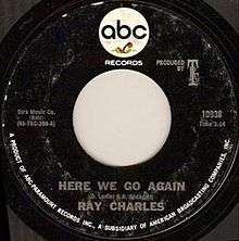 Black 45 record label with the ABC logo on top and the song "Here We Go Again", singer Ray Charles and other detail.