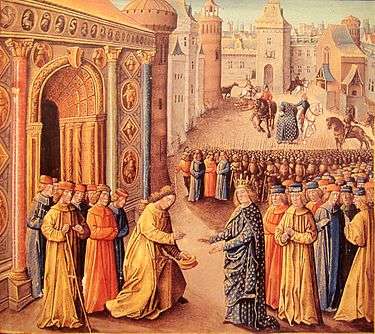 Painting of two men meeting in front of a city gate. Both men are in front of crowds of other people. The one on the left is bareheaded and holds his hat in one hand while he bows to the other figure, who is dressed in blue embroidered robes and wears a crown.