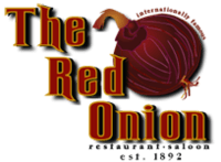 Stylized lettering saying "The Red Onion" in red with yellow trim, descending further rightward with each word. A drawn red onion rests, tilted, on the right. Above it are the curved words, in small type "Internationally famous", with "saloon … restaurant … established 1892" below in similar type