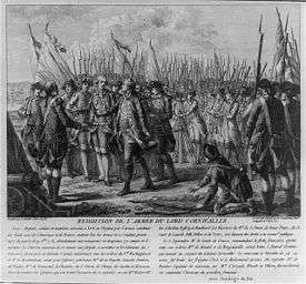 French engraving depicting the surrender of Lord Cornwallis, October 19, 1781 at Yorktown.