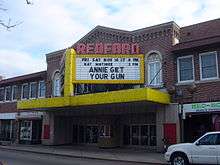 View of a movie theater marquee.