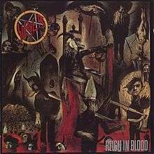 An image of the album cover featuring a demonic creature being carried on a chair by four people on each side. These people are carrying it over a sea of blood where several heads of corpses are floating. In the top left corner of the album is Slayer's logo while in the bottom right corner is the album title "Reign in Blood".