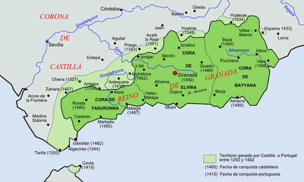 Territory of the Nasrid dynasty during the 15th century. In light green are territories conquered by the Christian kings during the 13th century, including Ceuta on the African coast.