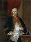 Painting showing half of a young man wearing a silver waistcoat with a blue velvet suit with a powdered whig