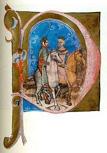 Two crowned men, each riding a horse
