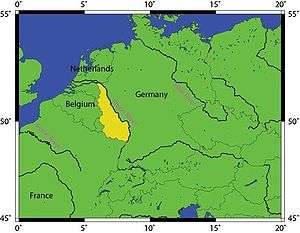 Map of northwest Europe showing France, Germany and the Low Countries. The Yellow area highlights the Rhineland of Germany.