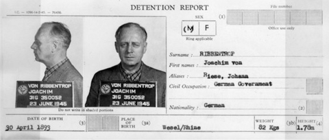 Small card titled DETENTION REPORT contains mugshots of Ribbentrop and other statistical information.