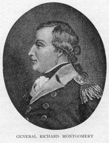An oval head-and-shoulders profile portrait of Montgomery.  In this black and white engraving, he is wearing a military jacket with epaulets.  His long hair (possibly a wig) is tied back.