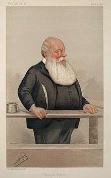 An illustration of a rather rotund, bald man with a long, white beard who is wearing a monocle and dressed in black whilst holding a quill pen.