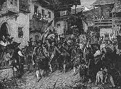 Black and white engraving showing armed soldiers and peasants walking through the streets