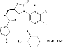 During the SAR testing, R1 was defined as the most important group for potency. Pyrrolidinone was the first R1 functional group to significantly increase the potency but further researches revealed even higher potency with a morpholinone group instead. Groups R2 and R3 had hydrogen or fluorine attached and it was quickly assessed that having hydrogen resulted in highest potency