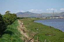 A photograph facing west along the River Forth with The Ochil Hills in the background and a small section of South Alloa in the foreground
