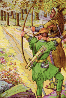 Drawing depicting Robin Hood, wearing Lincoln green clothing, and Sir Guy of Gisbourne, wearing brown furs, in a forest preparing to shoot with bows and arrows.