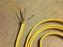 A photo of NM cable with a stripped end and a yellow colored PVC sheath.