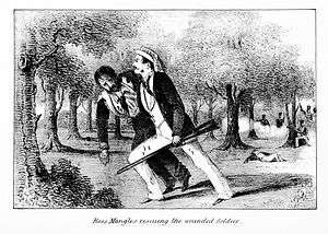 Sketch of a man with a rifle supporting another, injured man