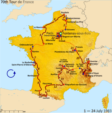 Map of France with the route of the 1983 Tour de France