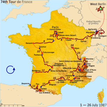 Map of France with the route of the 1987 Tour de France