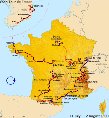 Map of France with the route of the 1998 Tour de France