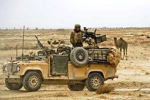 Desert-coloured Land Rover with mounted machine gun