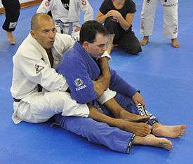 Royce Gracie demonstrates a secure Back Mount with hooks on his opponent.