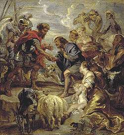 Jacob is shaking hands with Esau. In the foreground are two long-tailed white sheep, two cows and a goat. In the background are two camels and a horse.