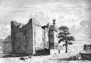 Lithograph drawing showing a large stately home in ruins