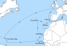 A blue and white map showing Rupert's journey from Ireland, across the Atlantic into the Mediterranean, then down the African coastline, across to the West Indies and back to France.