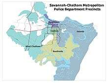 A map showing the 2009 precincts of Savannah-Chatham Metropolitan Police Department.