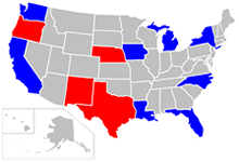 U.S. map with SENSOR-Pesticides states highlighted. California, Florida, Iowa, Louisiana, Michigan, New York, North Carolina, and Washington State are blue; Nebraska, New Mexico, Oregon, and Texas are red.