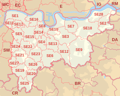 SE postcode area map, showing postcode districts, post towns and neighbouring postcode areas.