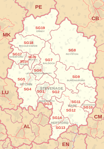 SG postcode area map, showing postcode districts, post towns and neighbouring postcode areas.