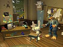 An anthropomorphized dog and rabbit in an office. The office is dilapidated, the windows are boarded up and the walls strewn with bullet holes.