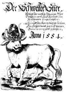 Old drawing with ornate writing and bull with a headdress