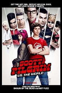 A pink-haired girl named Ramona, standing back to back with a boy in a red t-shirt, Scott Pilgrim. Behind them pictures of her seven evil exes.