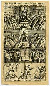 Five images showing scenes from 1. The House of Lords; 2. The House of Commons; 3. The bishops looking at the book of common prayer; 4. The traitors being executed; 5. Their associates being dismissed