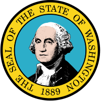 A circular seal with the words "The Seal of the State of Washington, 1889" centered around it from top to bottom. In the center, a man with gray hair poses.