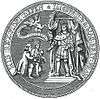 The seal of the Dominion of New England. The text around its border reads (in abbreviated Latin) "HIB : REX : FIDEI : DEFEN · JACOBUS : II : D : G : MAG : BRIT: FRAN". This is abbreviated Latin for "Iacobus Secundus Dei Gratia Magnae Britanniae, Franciae et Hiberniae Rex, Fidei Defensor", which reads in English as "James the Second, by the grace of God, of Great Britain, France and Ireland, King, Defender of the Faith". The king is shown with two people, a white man and an Indian, kneeling before him with gifts. Above them is a cherub holding a banner that reads "NUNQUAM LIBERTAS GRATIR EXTAT". This is an abbreviated quotation, whose full text is "Nunquam libertas gratior extat Quam sub rege pio", in English "Never does liberty appear in a more gracious form than under a pious king".