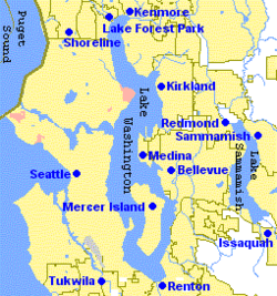 The Eastside is to the right (east) of Seattle.
