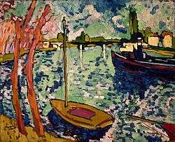 An impressionist painting of boats on a river.