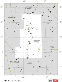Diagram showing star positions and boundaries of the Serpens constellation and its surroundings