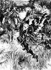 A black-and-white sketch depicting a southern African battle fought amidst long grass in a thick wood. The image focuses on two figures in the foreground: a white soldier on horseback (on the left) and a black warrior on foot (on the right). The white man has apparently just fired his rifle at the warrior, who is thrown back in his stride by the shot, his spear falling from his right hand. More soldiers and warriors can be seen in the background.