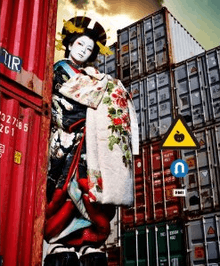 A woman dressed as an oiran stands among shipping crates.