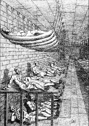 A drawing of a large room, with hammocks on both sides attached to ceiling bolts and underneath them wooden platforms. Men are lying on both, as well as underneath the platforms on the bare floor.